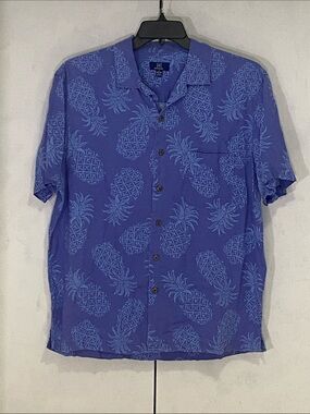 Islander Men's Pineapple Print Linen Blend George Button-Down Shirt Large Blue